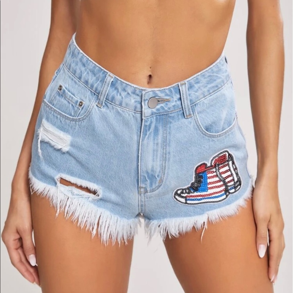 Ripped Raw Hem Sequin Patched Denim Shorts